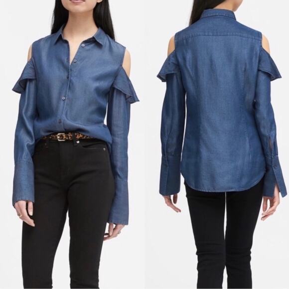 NWT Banana Republic Chambray Cold Shoulder Riley Shirt Blue Preppy Work Size 4 - Picture 1 of 11